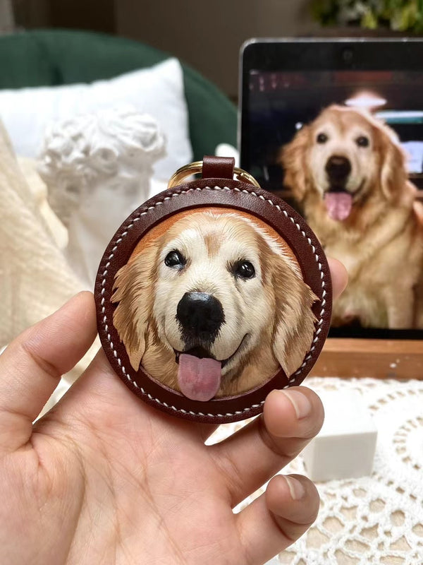 Custom 3D Pet Portrait Leather Keychain - Personalized Memorial Gift