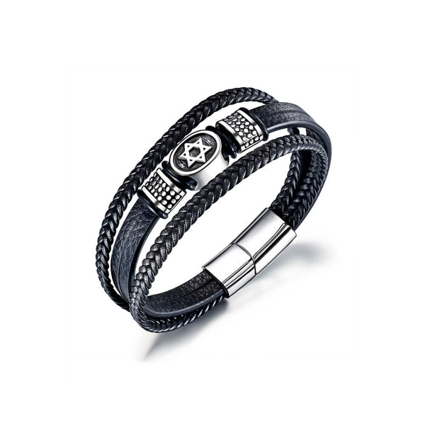 Hexagram Braided Bracelet in Steel & Vegan Leather