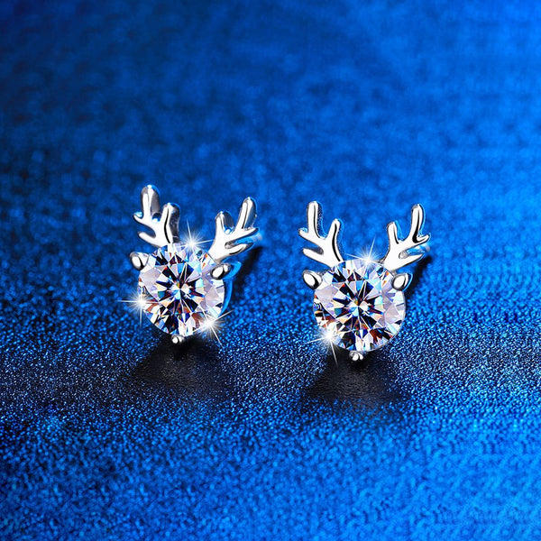 Deer Stud Earrings in Sterling Silver with Moissanite